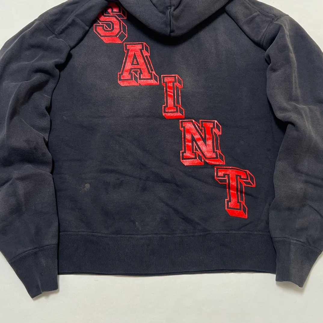 SAINT Mxxxxxx ANGEL HOODIE/BLK Angel Rebirth Crack Printed Retro Distressed Hoodie Assute dyeing, full-length spray-on fade, heavy fermentation wash, NEW VINTAGE texture, factory four-needle and six-thread workmanship, boneless patchwork, more comfortable to wear, genuine level crack print/accessories restored